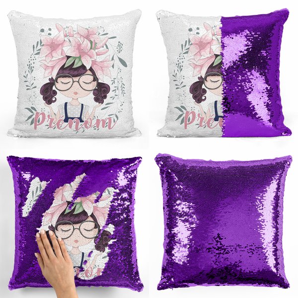 coussin pillow mermaid à sequin magique enfant reversible et personnalisable avec motif petite fille de couleur violet