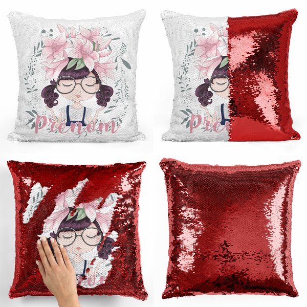 coussin pillow mermaid à sequin magique enfant reversible et personnalisable avec motif petite fille de couleur rouge