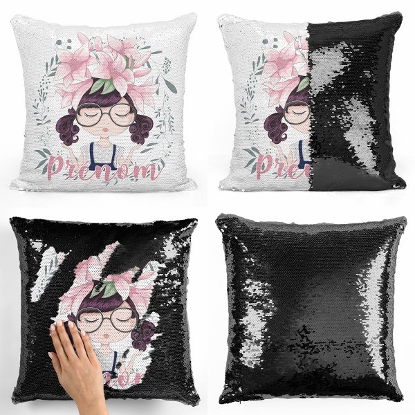 coussin pillow mermaid à sequin magique enfant reversible et personnalisable avec motif petite fille de couleur noir