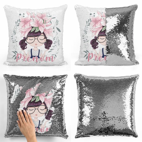 coussin pillow mermaid à sequin magique enfant reversible et personnalisable avec motif petite fille de couleur argent