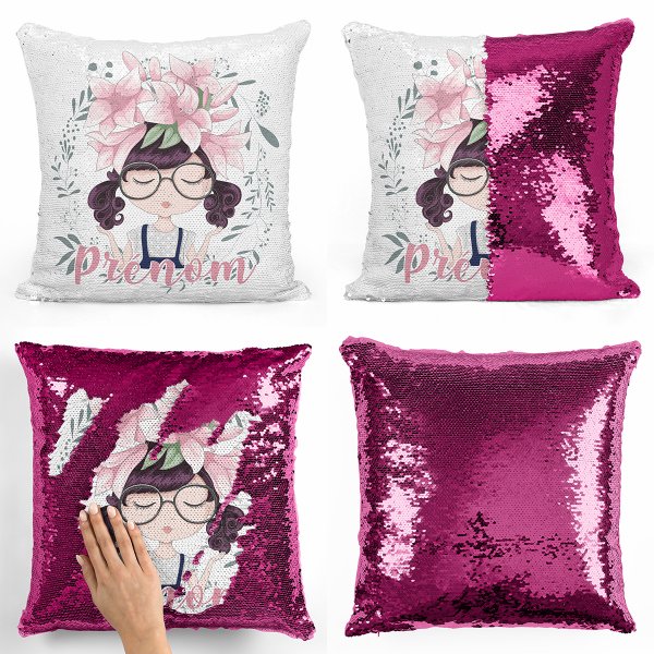 coussin pillow mermaid à sequin magique enfant reversible et personnalisable avec motif petite fille de couleur fushia