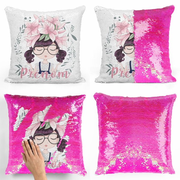 coussin pillow mermaid à sequin magique enfant reversible et personnalisable avec motif petite fille de couleur rose nacré