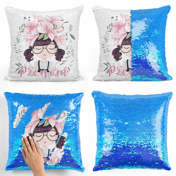 coussin pillow mermaid à sequin magique enfant reversible et personnalisable avec motif petite fille de couleur bleu nacré