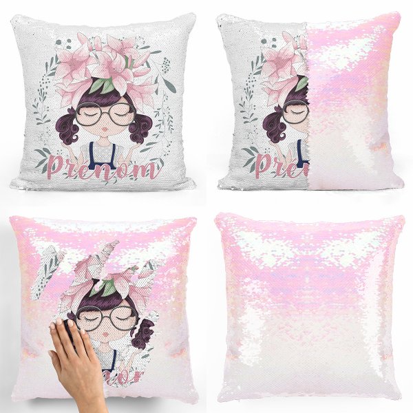 coussin pillow mermaid à sequin magique enfant reversible et personnalisable avec motif petite fille de couleur blanc nacré