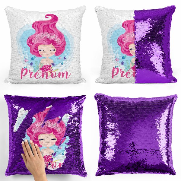 coussin pillow mermaid à sequin magique enfant reversible et personnalisable avec motif sirène de couleur violet