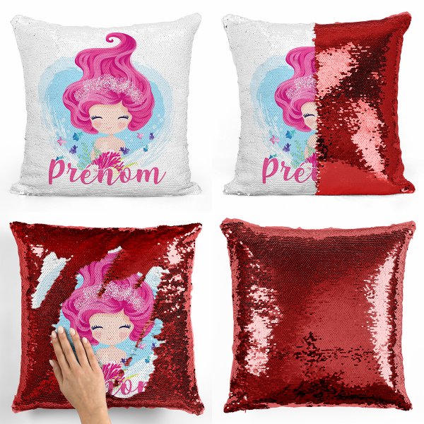 coussin pillow mermaid à sequin magique enfant reversible et personnalisable avec motif sirène de couleur rouge