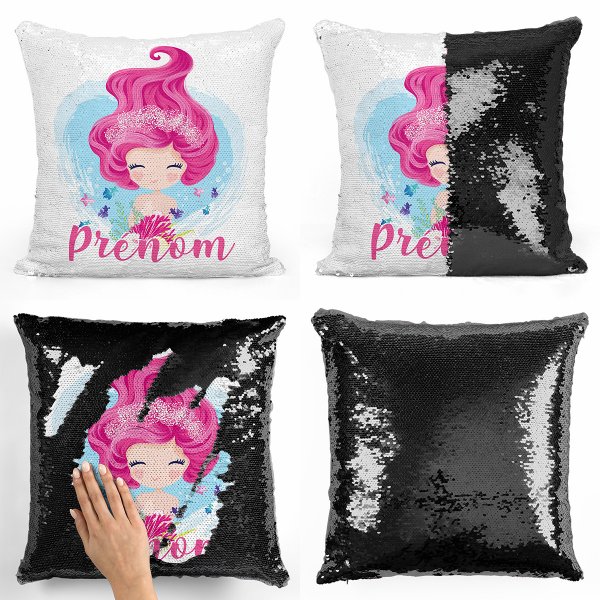 coussin pillow mermaid à sequin magique enfant reversible et personnalisable avec motif sirène de couleur noir