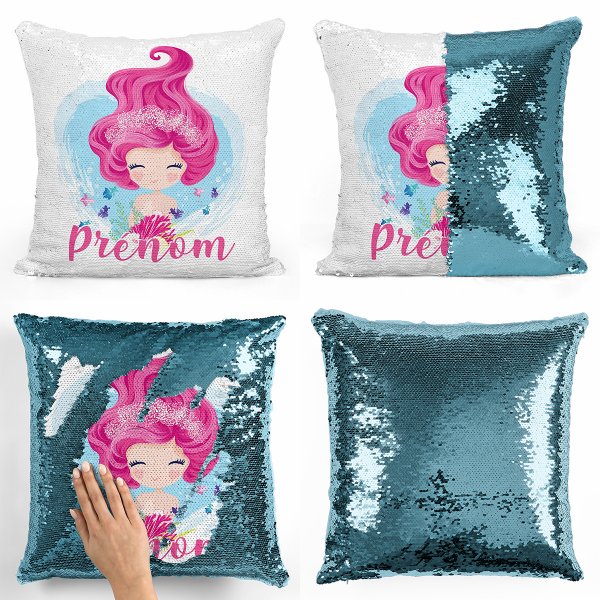 coussin pillow mermaid à sequin magique enfant reversible et personnalisable avec motif sirène de couleur bleu clair