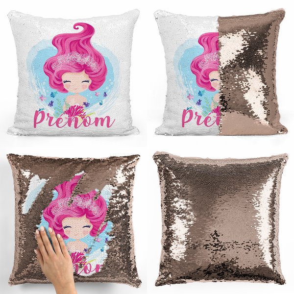 coussin pillow mermaid à sequin magique enfant reversible et personnalisable avec motif sirène de couleur champagne