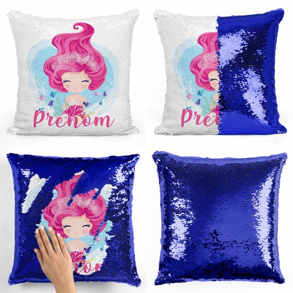 coussin pillow mermaid à sequin magique enfant reversible et personnalisable avec motif sirène de couleur bleu foncé