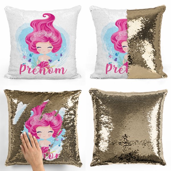 coussin pillow mermaid à sequin magique enfant reversible et personnalisable avec motif sirène de couleur or doré