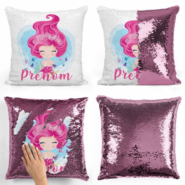 coussin pillow mermaid à sequin magique enfant reversible et personnalisable avec motif sirène de couleur rose clair