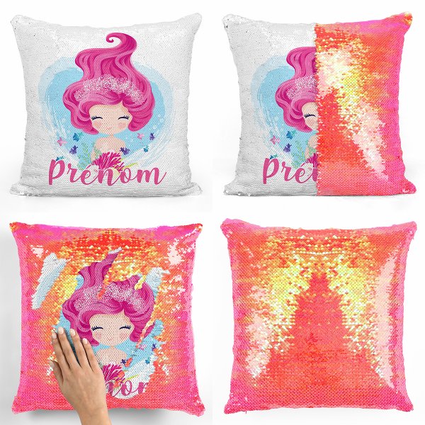 coussin pillow mermaid à sequin magique enfant reversible et personnalisable avec motif sirène de couleur orange nacré