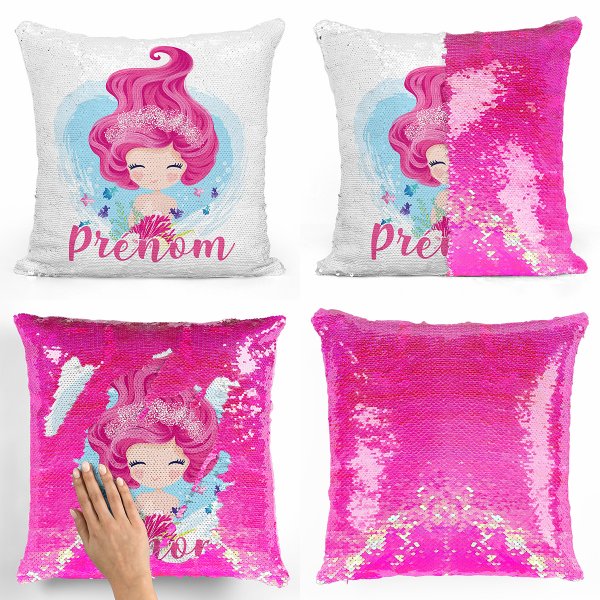 coussin pillow mermaid à sequin magique enfant reversible et personnalisable avec motif sirène de couleur rose nacré