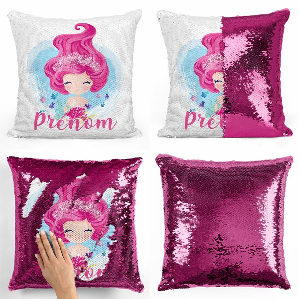 coussin pillow mermaid à sequin magique enfant reversible et personnalisable avec motif sirène de couleur fushia