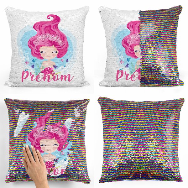 coussin pillow mermaid à sequin magique enfant reversible et personnalisable avec motif sirène de couleur multicolore