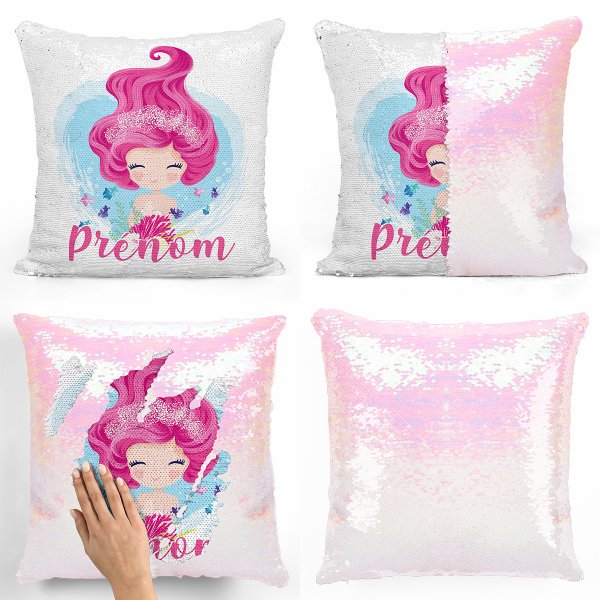 coussin pillow mermaid à sequin magique enfant reversible et personnalisable avec motif sirène de couleur blanc nacré