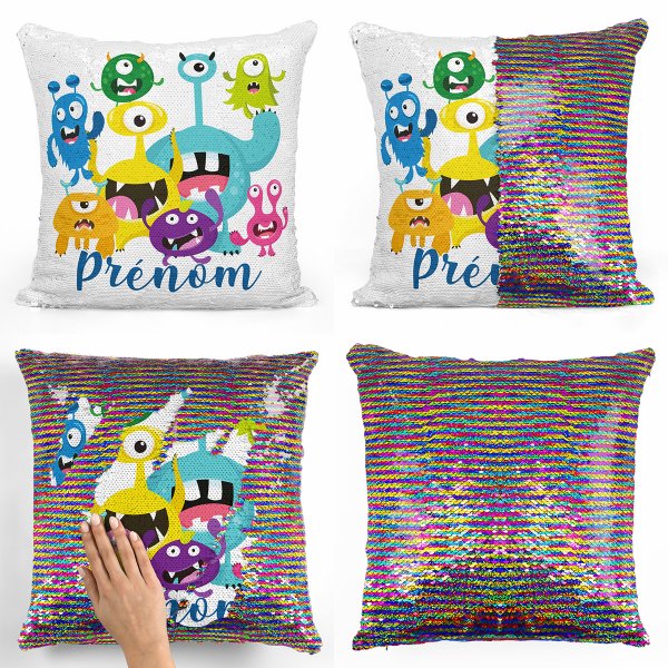 coussin pillow mermaid à sequin magique enfant reversible et personnalisable avec motif petits monstres de couleur multicolore