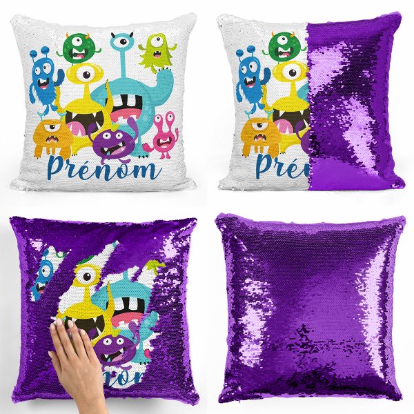 coussin pillow mermaid à sequin magique enfant reversible et personnalisable avec motif petits monstres de couleur violet