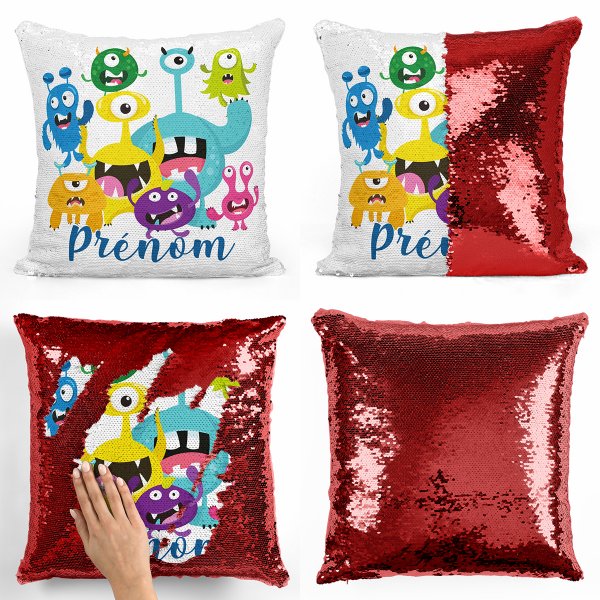 coussin pillow mermaid à sequin magique enfant reversible et personnalisable avec motif petits monstres de couleur rouge