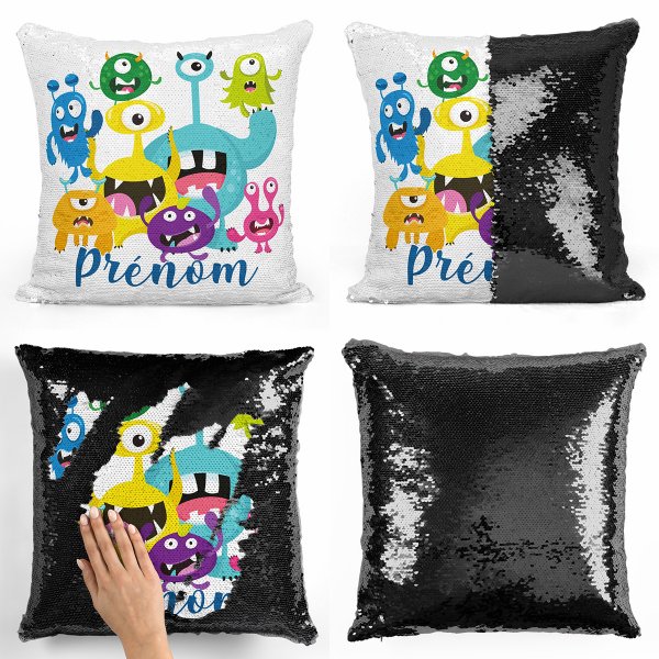 coussin pillow mermaid à sequin magique enfant reversible et personnalisable avec motif petits monstres de couleur noir