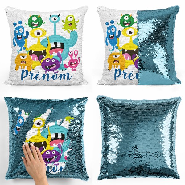 coussin pillow mermaid à sequin magique enfant reversible et personnalisable avec motif petits monstres de couleur bleu clair