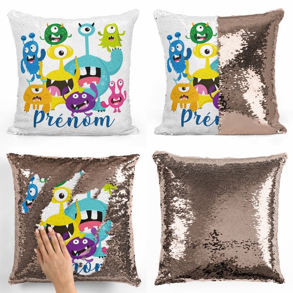 coussin pillow mermaid à sequin magique enfant reversible et personnalisable avec motif petits monstres de couleur champagne