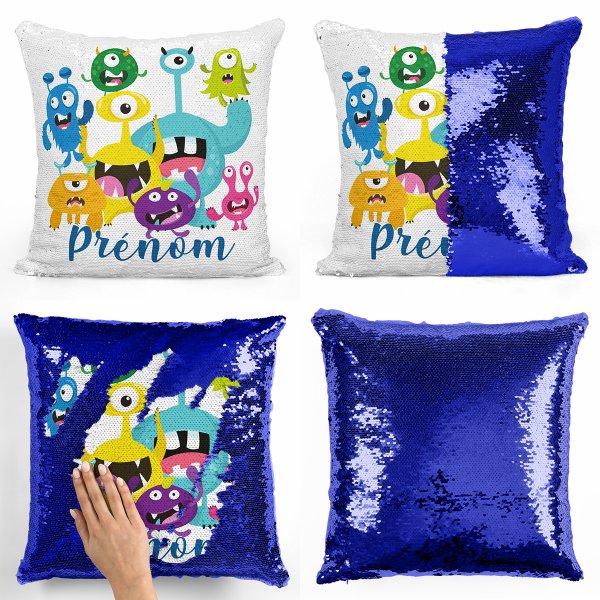 coussin pillow mermaid à sequin magique enfant reversible et personnalisable avec motif petits monstres de couleur bleu foncé