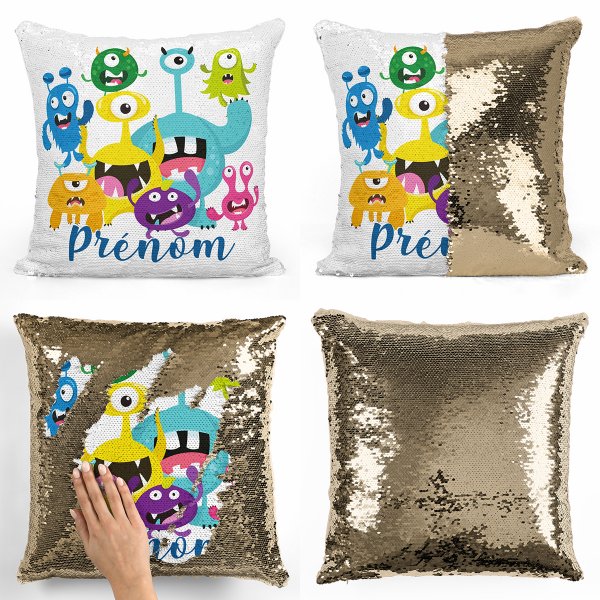 coussin pillow mermaid à sequin magique enfant reversible et personnalisable avec motif petits monstres de couleur or doré