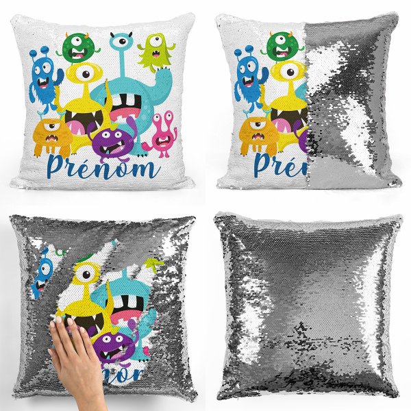 coussin pillow mermaid à sequin magique enfant reversible et personnalisable avec motif petits monstres de couleur argent