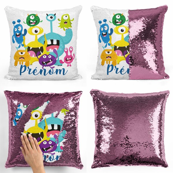 coussin pillow mermaid à sequin magique enfant reversible et personnalisable avec motif petits monstres de couleur rose clair