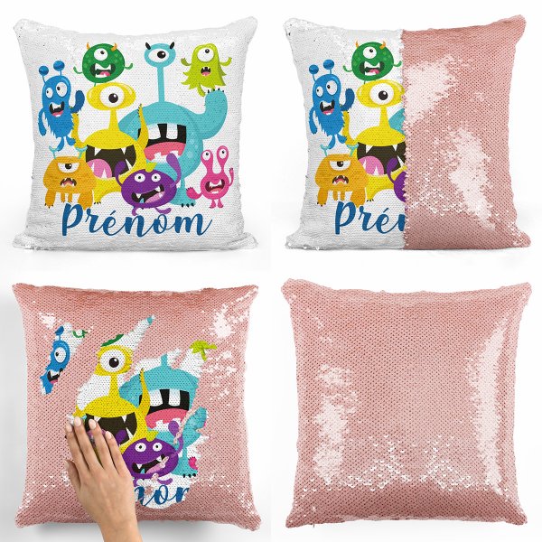 coussin pillow mermaid à sequin magique enfant reversible et personnalisable avec motif petits monstres de couleur saumon