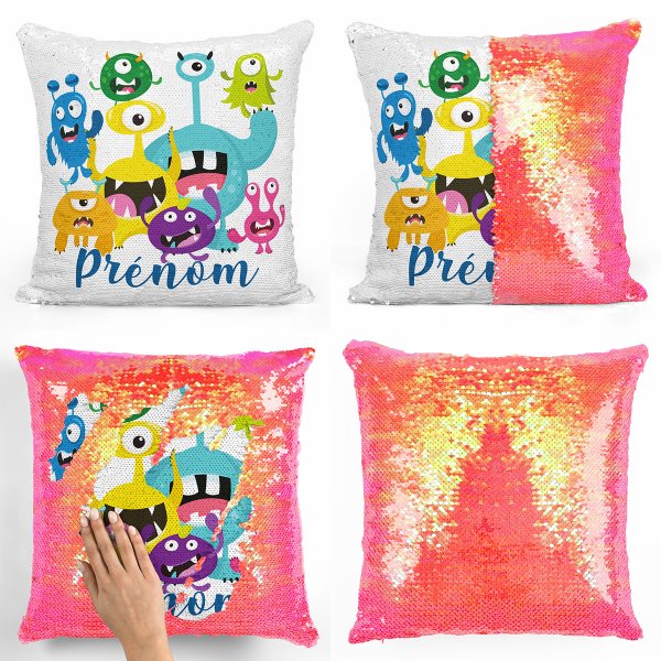 coussin pillow mermaid à sequin magique enfant reversible et personnalisable avec motif petits monstres de couleur orange nacré