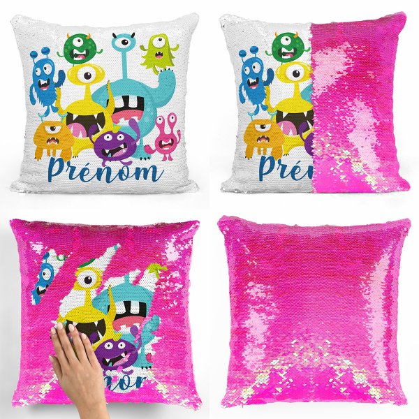 coussin pillow mermaid à sequin magique enfant reversible et personnalisable avec motif petits monstres de couleur rose nacré