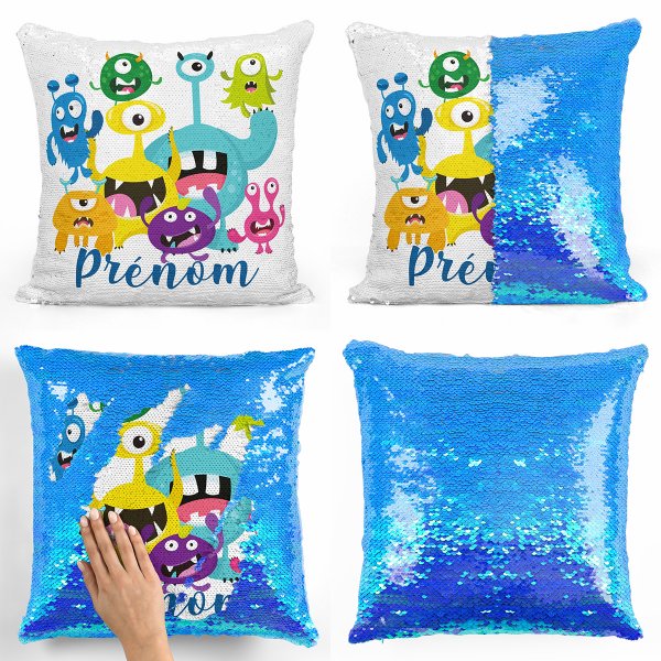 coussin pillow mermaid à sequin magique enfant reversible et personnalisable avec motif petits monstres de couleur bleu nacré