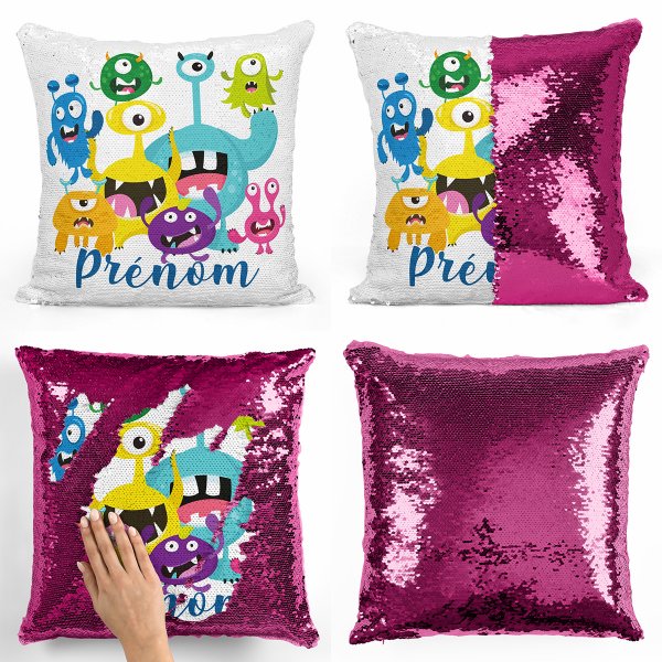 coussin pillow mermaid à sequin magique enfant reversible et personnalisable avec motif petits monstres de couleur fushia