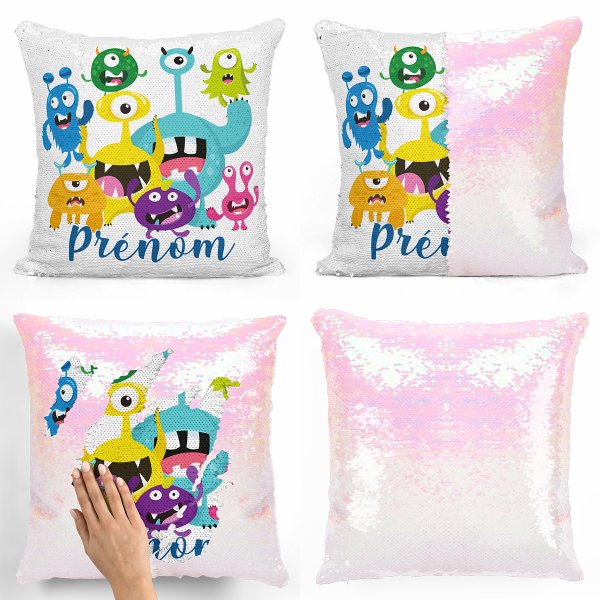 coussin pillow mermaid à sequin magique enfant reversible et personnalisable avec motif petits monstres de couleur blanc nacré