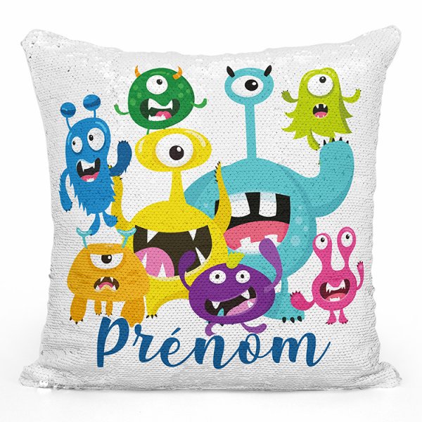 coussin pillow mermaid à sequin magique enfant reversible et personnalisable avec motif petits monstres