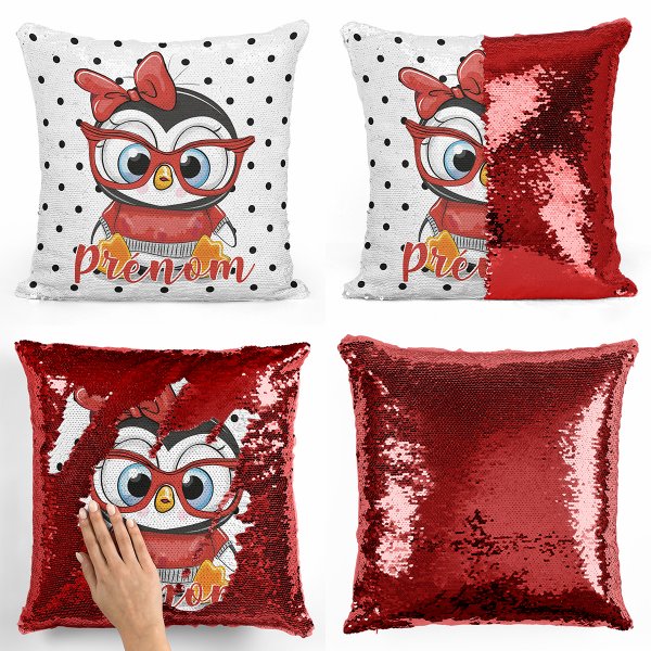 coussin pillow mermaid à sequin magique enfant reversible et personnalisable avec motif pingouin à lunettes de couleur rouge