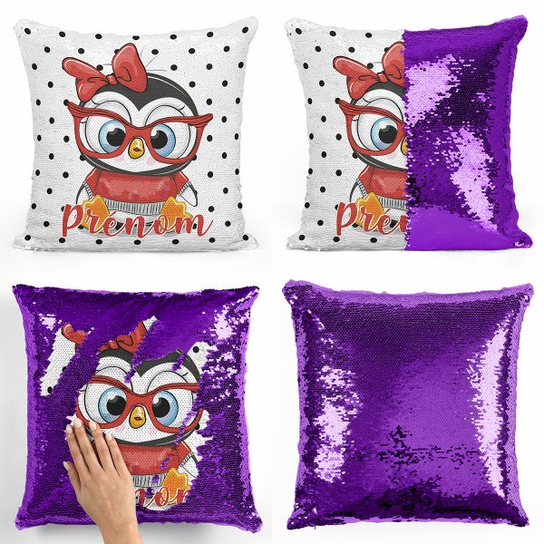 coussin pillow mermaid à sequin magique enfant reversible et personnalisable avec motif pingouin à lunettes de couleur violet