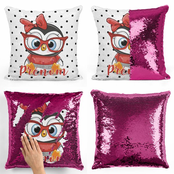 coussin pillow mermaid à sequin magique enfant reversible et personnalisable avec motif pingouin à lunettes de couleur fushia