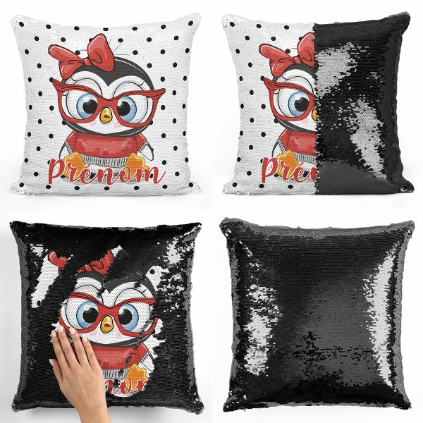 coussin pillow mermaid à sequin magique enfant reversible et personnalisable avec motif pingouin à lunettes de couleur noir