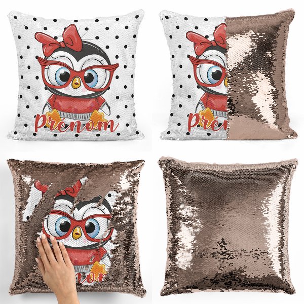 coussin pillow mermaid à sequin magique enfant reversible et personnalisable avec motif pingouin à lunettes de couleur champagne