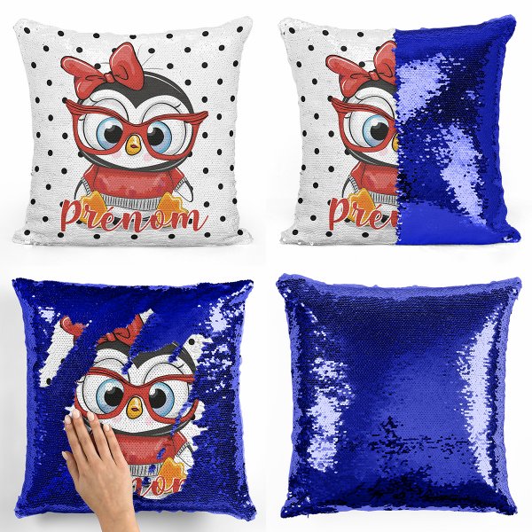 coussin pillow mermaid à sequin magique enfant reversible et personnalisable avec motif pingouin à lunettes de couleur bleu foncé