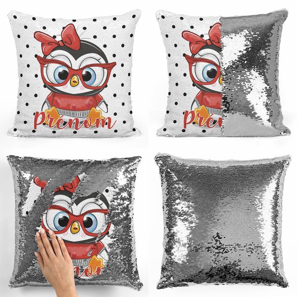 coussin pillow mermaid à sequin magique enfant reversible et personnalisable avec motif pingouin à lunettes de couleur argent