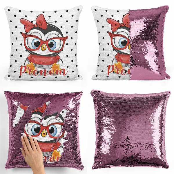 coussin pillow mermaid à sequin magique enfant reversible et personnalisable avec motif pingouin à lunettes de couleur rose clair