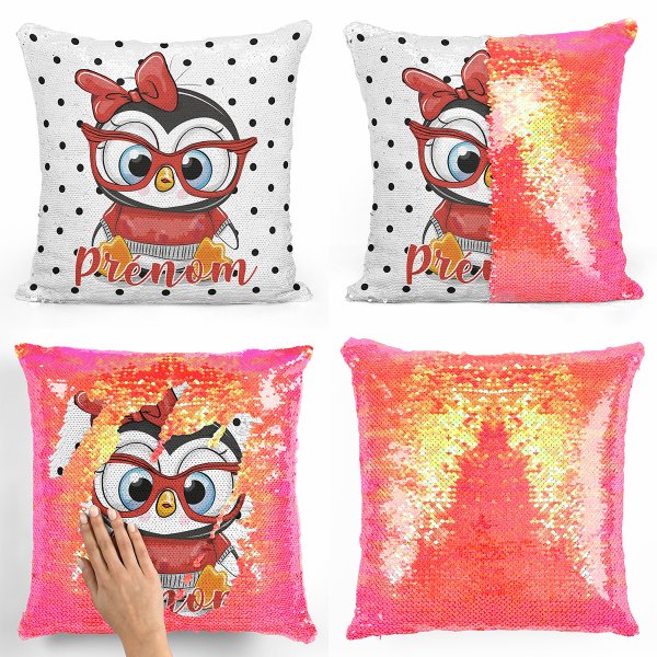 coussin pillow mermaid à sequin magique enfant reversible et personnalisable avec motif pingouin à lunettes de couleur orange nacré