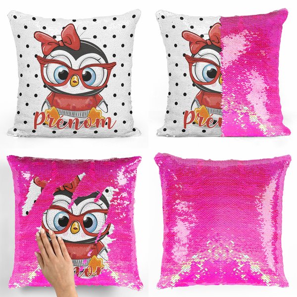 coussin pillow mermaid à sequin magique enfant reversible et personnalisable avec motif pingouin à lunettes de couleur rose nacré