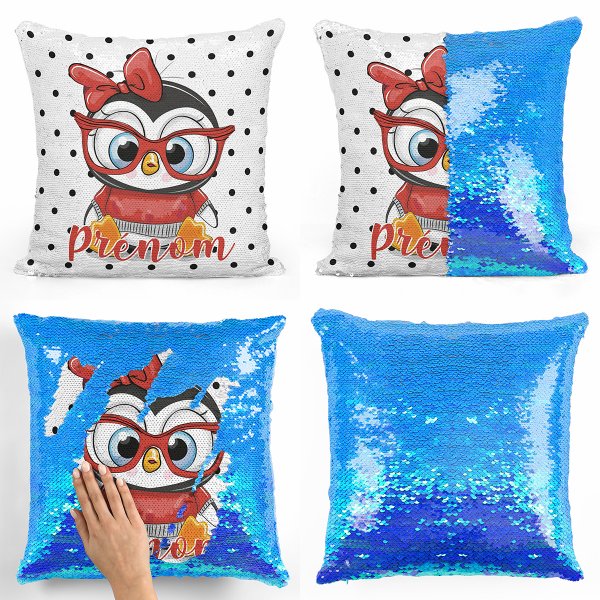 coussin pillow mermaid à sequin magique enfant reversible et personnalisable avec motif pingouin à lunettes de couleur bleu nacré