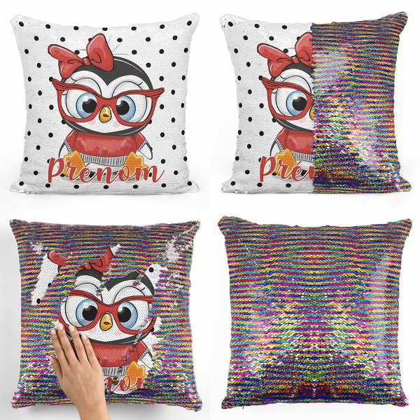 coussin pillow mermaid à sequin magique enfant reversible et personnalisable avec motif pingouin à lunettes de couleur multicolore